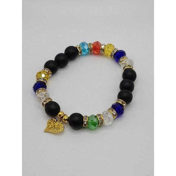 CHAKRA Colors Beaded Stretch Bracelet ~ Stretch ~ Heart - Picture 1 of 1